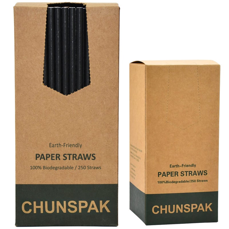 chunspak Black Paper Straws, Solid black/250 Bulk, Biodegradable Paper Drinking Straws for Cocktail, Drinks, Bars and Restaurant, 7.75"x0.24" - Image 1